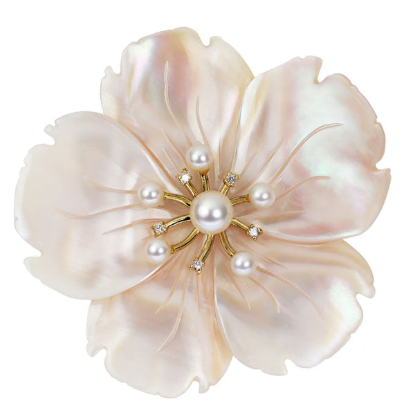 K18YG シェル アコヤ真珠 ダイヤモンド ブローチ兼ペンダントトップ 径約3.1-5.3mm D0.05ct フラワー