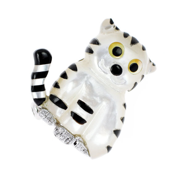 エナメル/ K18WG シェル ダイヤモンド ブローチ兼ペンダントトップ  D0.03ct 虎