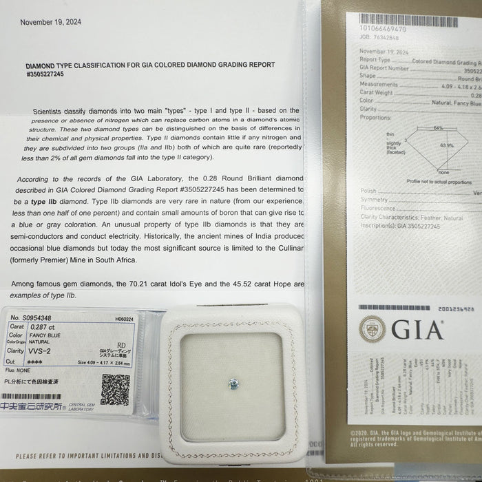 新品 GIA鑑定書+タイプ2b証明書付 天然ストレートブルーダイヤモンド ルース 0.28ct FB VS1