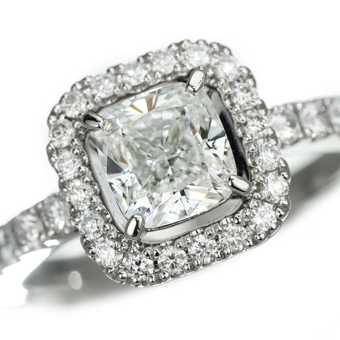 モニッケンダム Pt900 クッションカット ダイヤモンド リング 1.01ct E VS1 D0.44ct