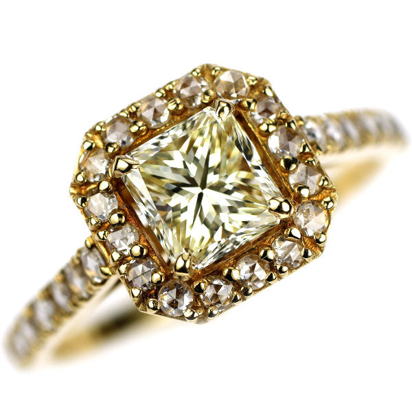 新品 K18YG プリンセスカット ローズカット ダイヤモンド リング 0.922ct LY VS2 D0.47ct 【エスコレ】