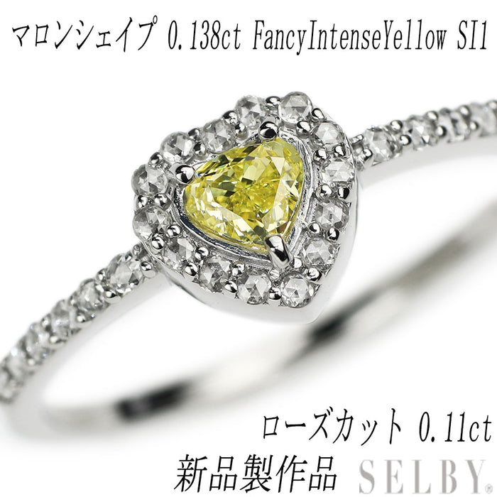 新品 Pt950 マロンシェイプ 天然イエロー ダイヤモンド ローズカットダイヤ リング 0.138ct FIY SI1 D0.11ct 【エスコレ】