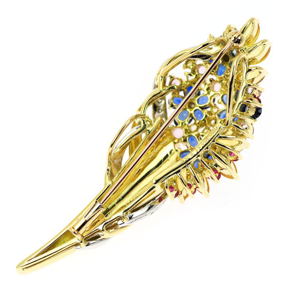 K18YG/Pt900  カラーサファイア ダイヤモンド ブローチ兼ペンダントトップ 7.35ct D0.31ct フラワー