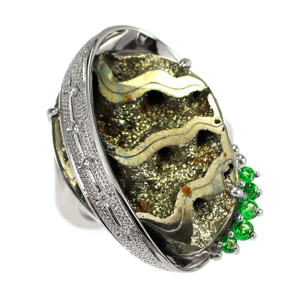 Pt900 パイライト グリーンガーネット ダイヤモンド リング 16.69ct G0.23ct D0.05ct