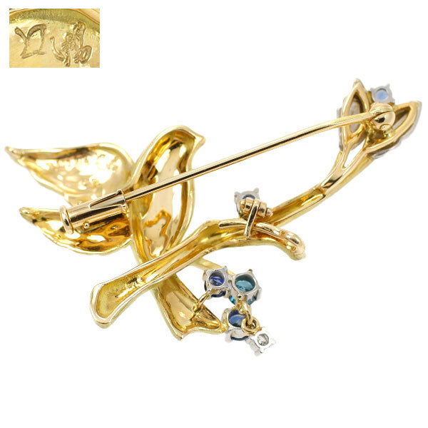 石川暢子 K18YG/Pt900 サファイア トリートブルー/カラーレスダイヤモンド ブローチ 鳥
