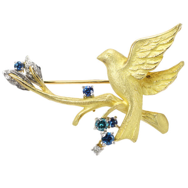 石川暢子 K18YG/Pt900 サファイア トリートブルー/カラーレスダイヤモンド ブローチ 鳥