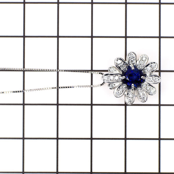 K18WG サファイア ダイヤモンド ペンダントネックレス 1.10ct D0.28ct フラワー