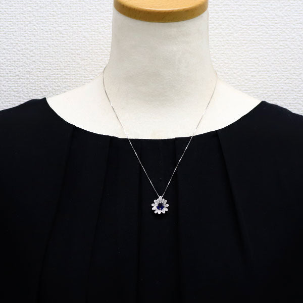 K18WG サファイア ダイヤモンド ペンダントネックレス 1.10ct D0.28ct フラワー