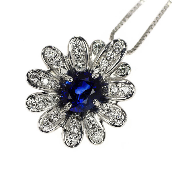 K18WG サファイア ダイヤモンド ペンダントネックレス 1.10ct D0.28ct フラワー