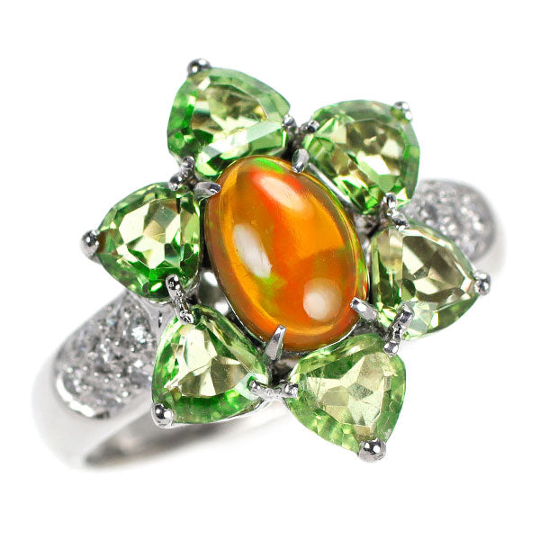 K18WG ファイアーオパール グロッシュラーライトガーネット ダイヤモンド リング 0.84ct GG2.50ct D0.14ct