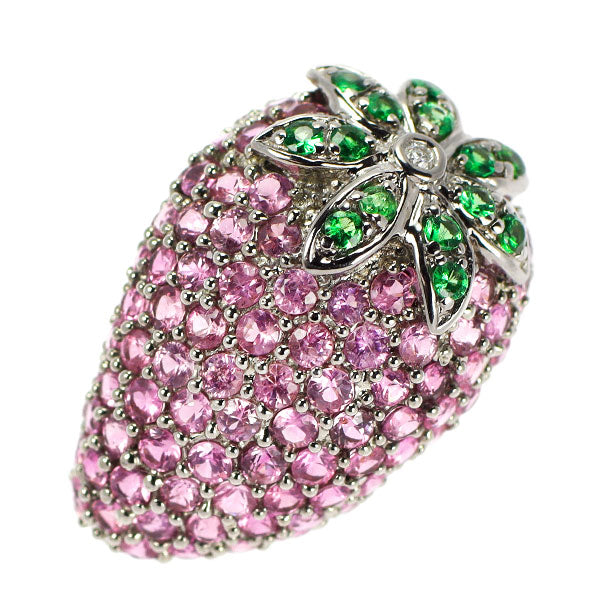 K18WG ピンクサファイア グリーンガーネット ダイヤモンド ペンダントトップ 2.98ct D0.01ct いちご
