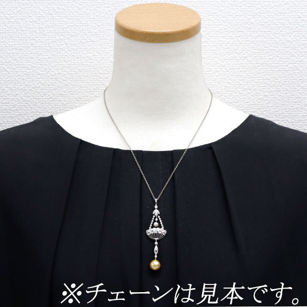 K18WG ゴールデン /アコヤ真珠 ダイヤモンド ペンダントトップ 径約10.3mm/4.6mm D0.38ct