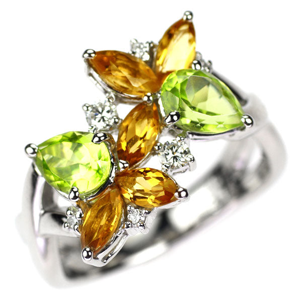 Pt900 ペリドット/シトリン ダイヤモンド リング 2.52ct D0.14ct