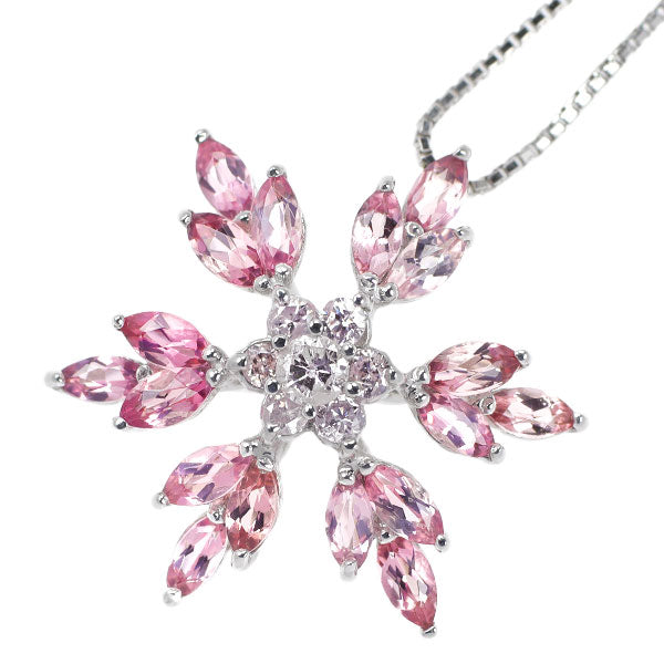 K18WG ピンクトルマリン 天然ピンク/カラーレスダイヤ ペンダントネックレス 1.37ct D0.24ct フラワー