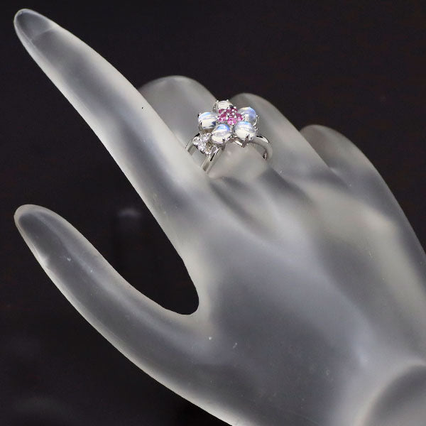 K18WG ムーンストーン ピンクサファイア ダイヤモンド リング 1.30ct PS0.17ct D0.07ct フラワー