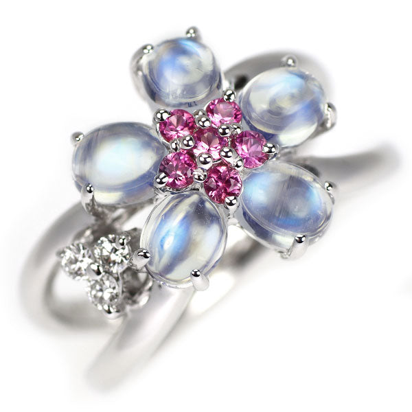 K18WG ムーンストーン ピンクサファイア ダイヤモンド リング 1.30ct PS0.17ct D0.07ct フラワー