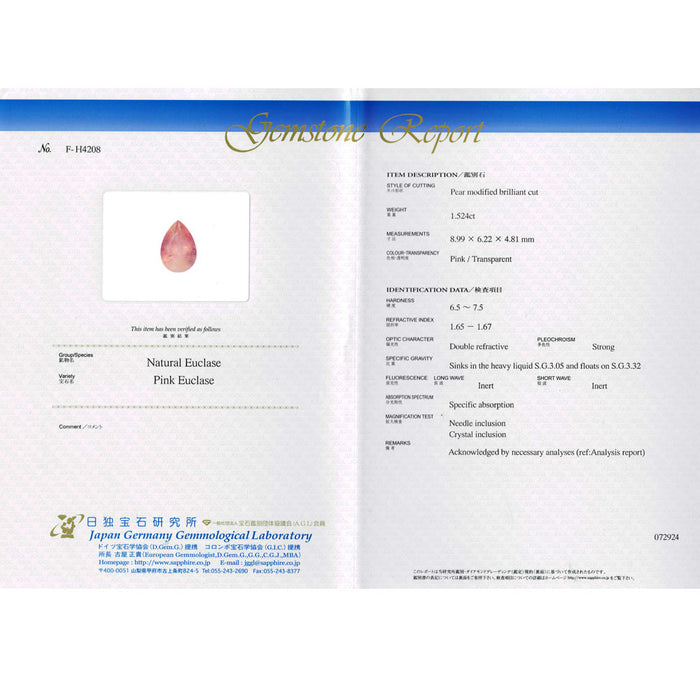 新品 希少 Pt950 ブラジル産ピンクユークレース ローズカットダイヤ リング 1.524ct D0.13ct【エスコレ】