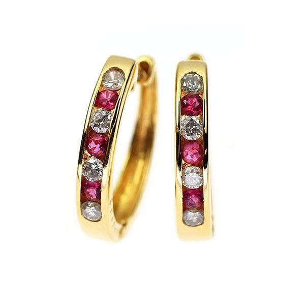K18YG ルビー ダイヤモンド ピアス 0.16ct D0.18ct フープ