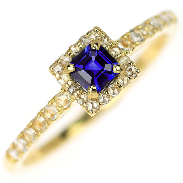 K18YG スクエアカット サファイア ローズカットダイヤモンド リング 0.23ct D0.16ct