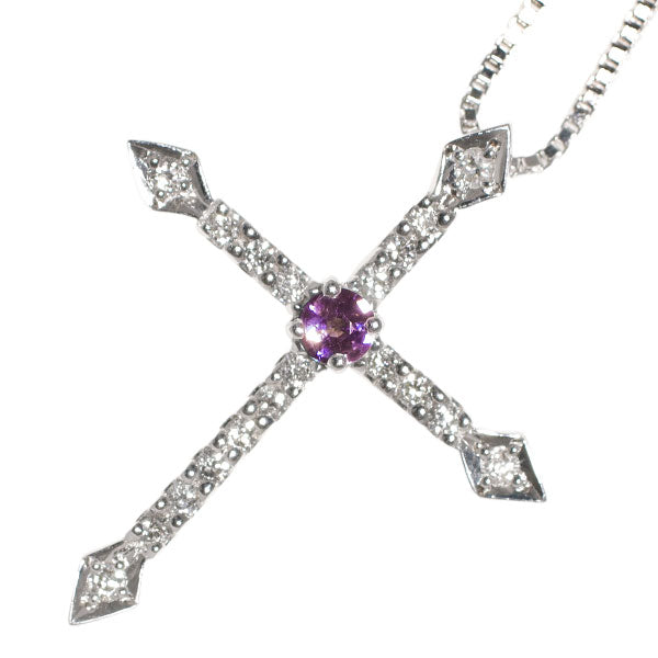 希少 K18WG アレキサンドライト ダイヤモンド ペンダントネックレス 0.11ct D0.24ct クロス