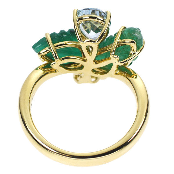 K18YG カービング エメラルド アクアマリン ダイヤモンド リング 3.63ct AQ1.01ct D0.11ct 植物