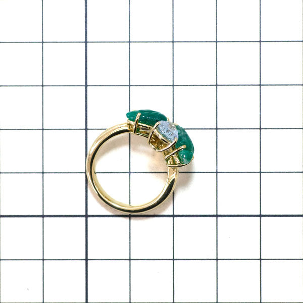 K18YG カービング エメラルド アクアマリン ダイヤモンド リング 3.63ct AQ1.01ct D0.11ct 植物