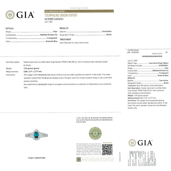 Pt900 ブラジル産 パライバトルマリン ダイヤモンド リング 0.384ct D0.44ct