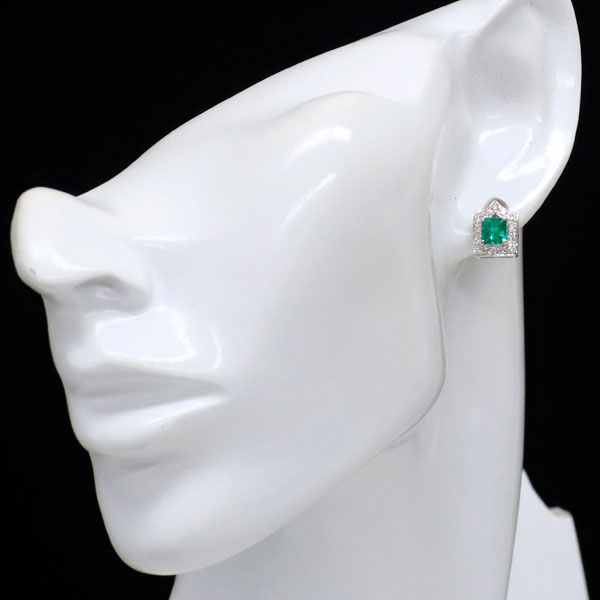 K18WG エメラルド ダイヤモンド ピアス 1.15ct D0.32ct