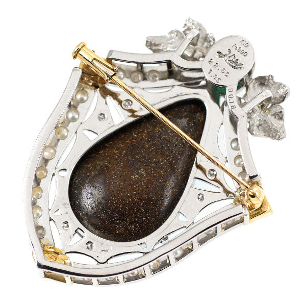 松井久子 Pt900/K18YG ボルダーオパール エメラルド ダイヤ ベビーパール ブローチ兼ペンダントトップ 22.65ct E1.35ct D0.18ct