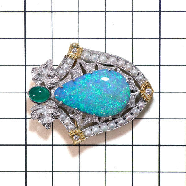 松井久子 Pt900/K18YG ボルダーオパール エメラルド ダイヤ ベビーパール ブローチ兼ペンダントトップ 22.65ct E1.35ct D0.18ct