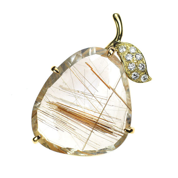 K18YG ルチルクオーツ ダイヤモンド ペンダントトップ 14.08ct D0.10ct 植物