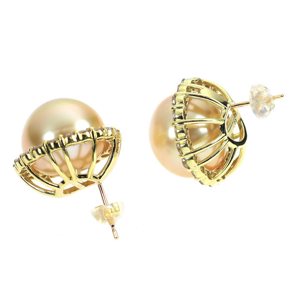K18YG ゴールデンパール ダイヤモンド ピアス 径約14.0-14.3mm D2.00ct