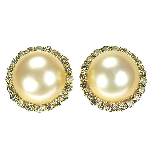 K18YG ゴールデンパール ダイヤモンド ピアス 径約14.0-14.3mm D2.00ct