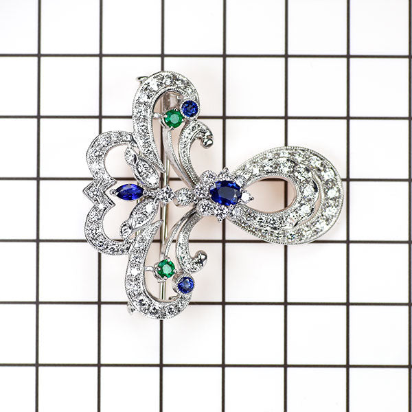 Pt950 サファイア エメラルド ダイヤモンド ブローチ 兼ペンダントトップ 0.88ct E0.21ct D1.79ct