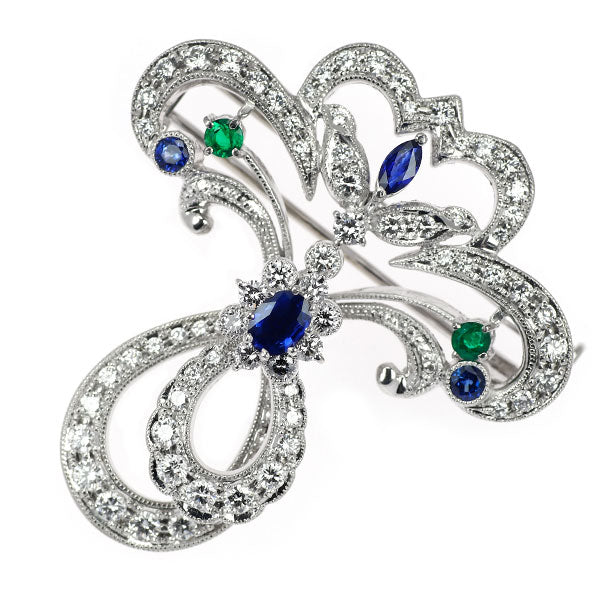 Pt950 サファイア エメラルド ダイヤモンド ブローチ 兼ペンダントトップ 0.88ct E0.21ct D1.79ct