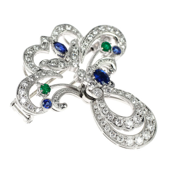 Pt950 サファイア エメラルド ダイヤモンド ブローチ 兼ペンダントトップ 0.88ct E0.21ct D1.79ct