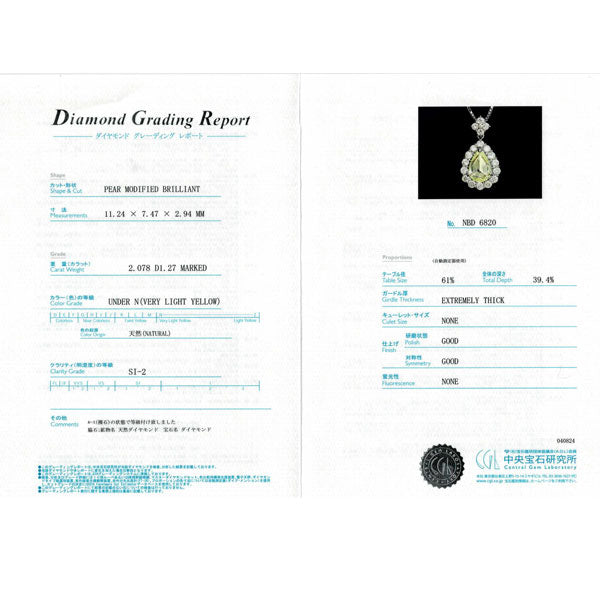 Pt ペアシェイプローズカット ダイヤモンド ペンダントネックレス 2.078ct VLY SI2 D1.27ct