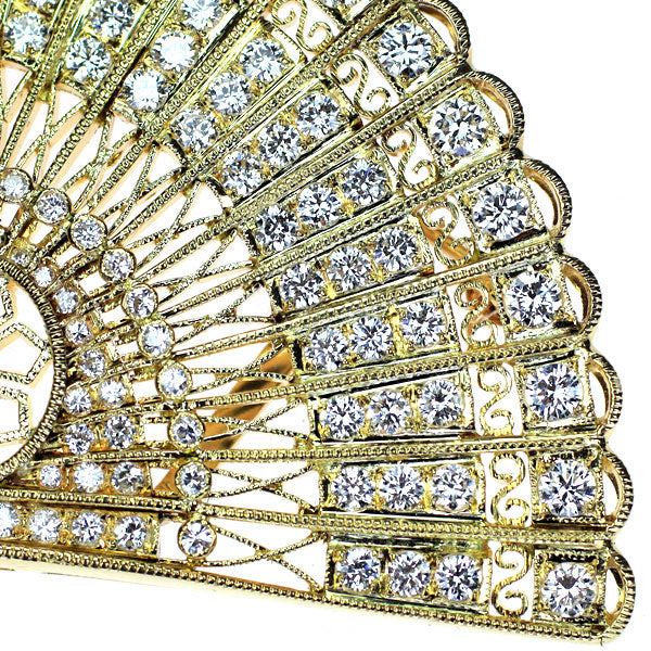 K18YG ダイヤモンド ブローチ 兼帯留め 2.83ct 扇 陽刻ヴィンテージ  