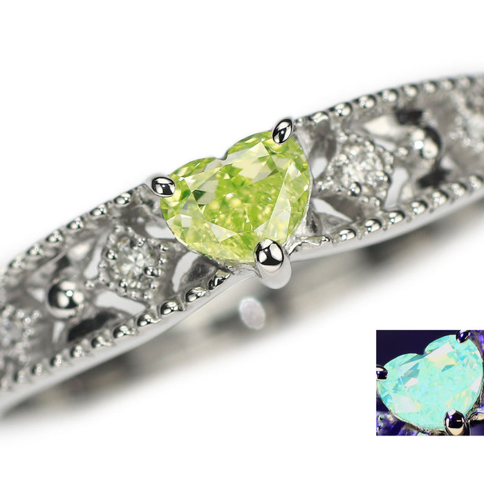 新品 Pt950 ハートシェイプ 天然シャルトリューズグリーン ダイヤモンド リング 0.306ct FIYG VS2 D0.04ct 【エスコレ】