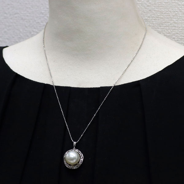K18WG 白蝶 真珠 ダイヤモンド ペンダントネックレス 径約13.8mm D0.106ct