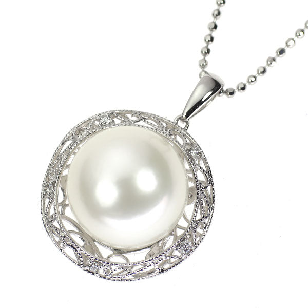 K18WG 白蝶 真珠 ダイヤモンド ペンダントネックレス 径約13.8mm D0.106ct