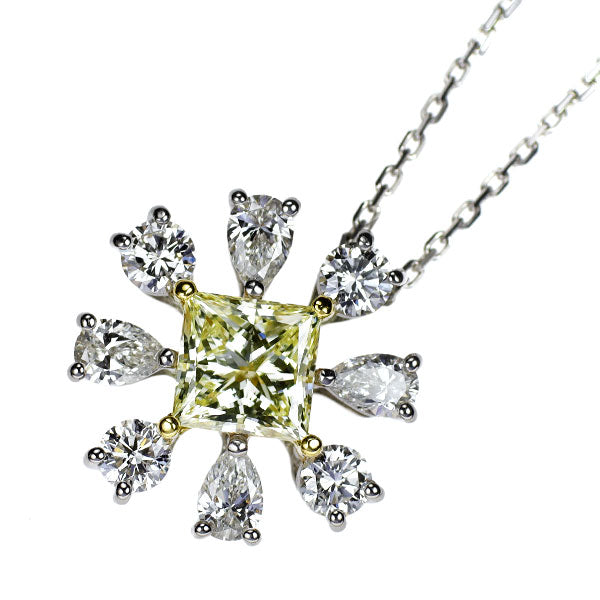 Pt850/Pt900/K18YG プリンセスカット ダイヤモンド ペンダントネックレス 1.554ct LY VS2 D1.307ct フラワー