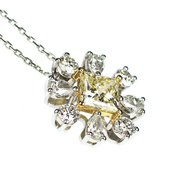Pt850/Pt900/K18YG プリンセスカット ダイヤモンド ペンダントネックレス 1.554ct LY VS2 D1.307ct フラワー