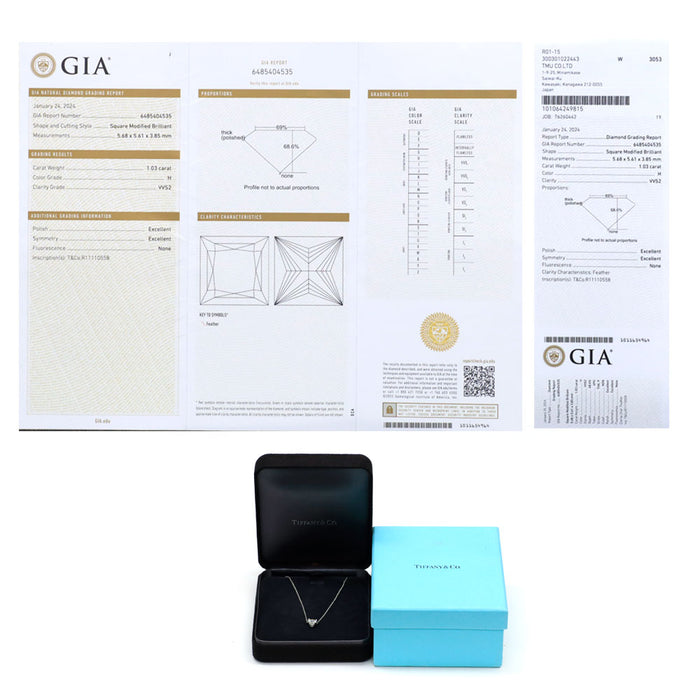 ティファニー Pt950 プリンセスカット ダイヤモンド ペンダントネックレス 1.03ct H VVS2