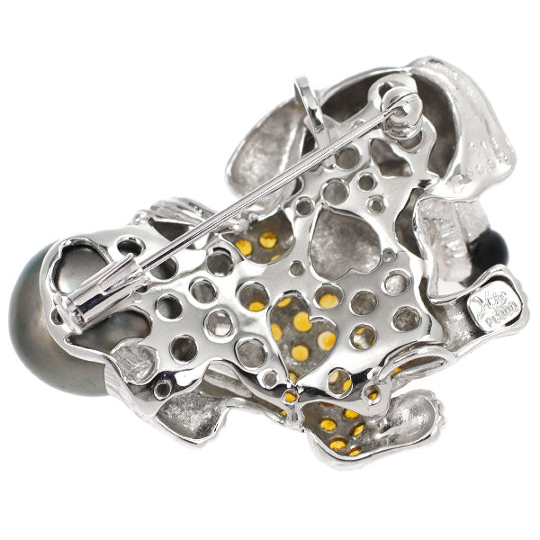 松井久子 エナメル/ Pt900 黒蝶 真珠 イエローサファイア ダイヤモンド ブローチ 幅約11.2mm YS0.95ct D0.11ct 犬