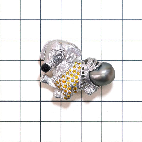 松井久子 エナメル/ Pt900 黒蝶 真珠 イエローサファイア ダイヤモンド ブローチ 幅約11.2mm YS0.95ct D0.11ct 犬