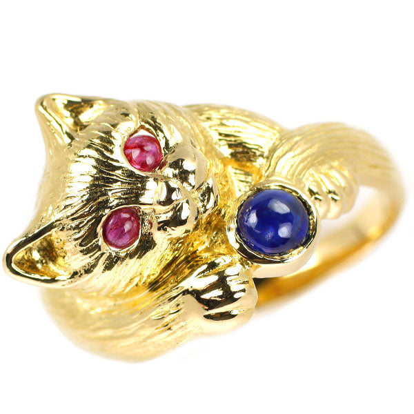 K18YG ルビー サファイア リング 0.17ct S0.36ct 猫 アニマル
