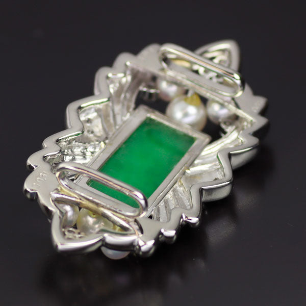 Pt900  翡翠(樹脂含浸なし) アコヤ真珠 ダイヤモンド 帯留め 3.87ct 径約3.7-5.0mm D0.31ct