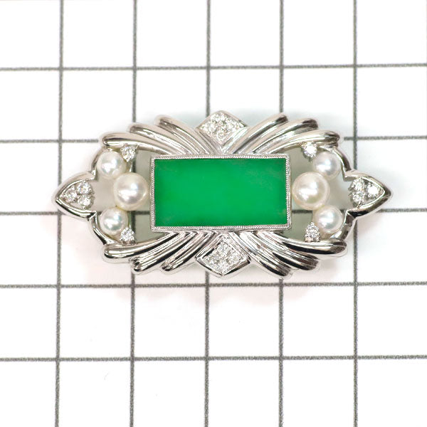 Pt900  翡翠(樹脂含浸なし) アコヤ真珠 ダイヤモンド 帯留め 3.87ct 径約3.7-5.0mm D0.31ct