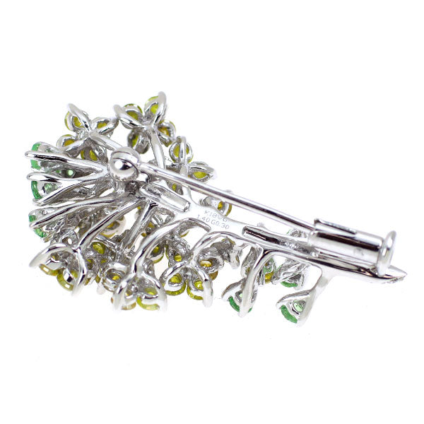 K18WG トリートイエローダイヤモンド グリーンガーネット ブローチ TYD1.40ct GG0.30ct 花束 フラワー
